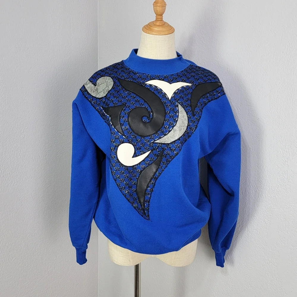 Vintage 80s Extravagannza Mock Neck Abstract Royal Blue Sweatshirt Size Large - Picture 14 of 17